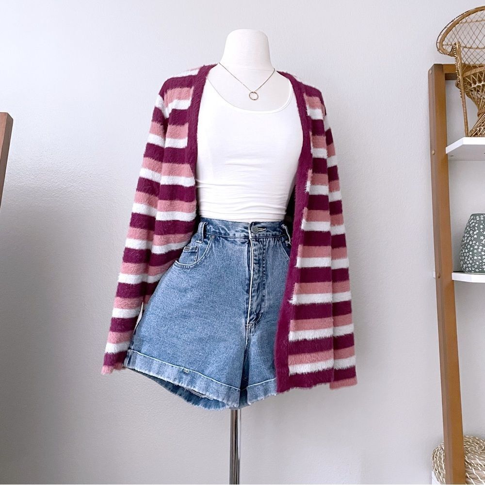 Fuzzy Open Front Striped Cardigan